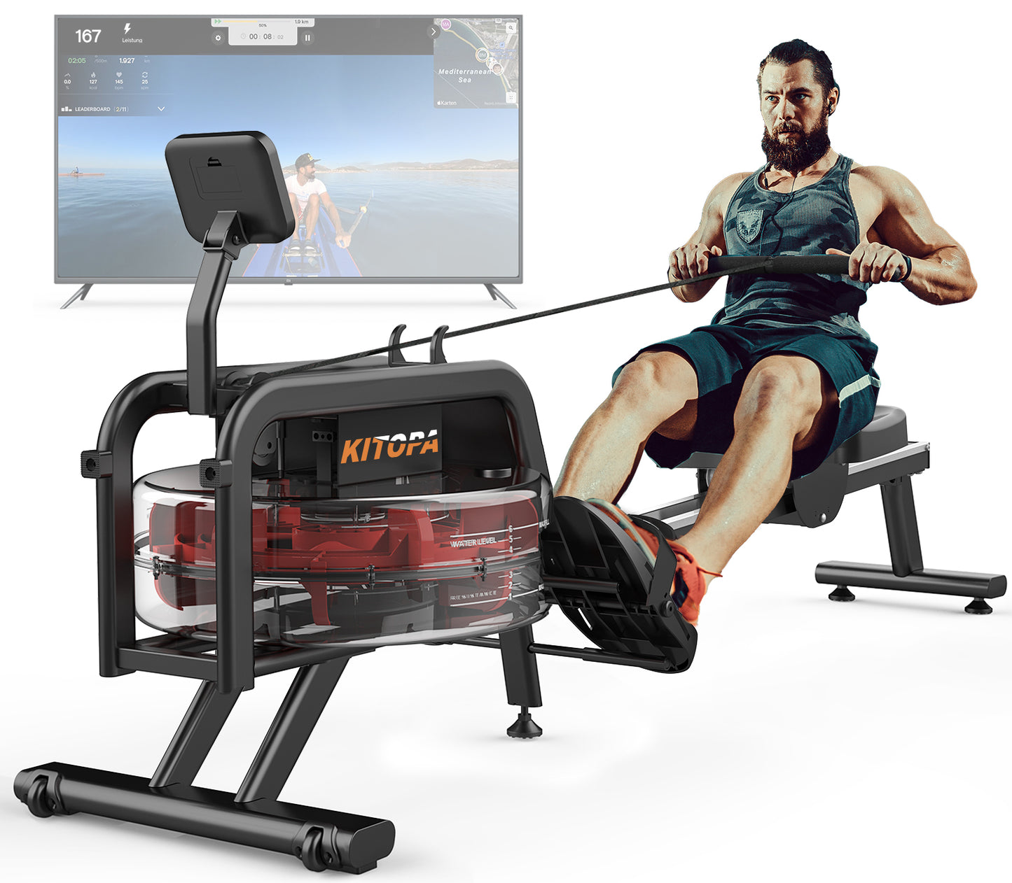 Rowing Machine, Rowing Machine for Home Gym with Water Resistance, Water Rowing Machine with LCD Monitor and 15L Water Tank, Rowing Machine For Full Body Workout - Bluetooth, Tablet Holder