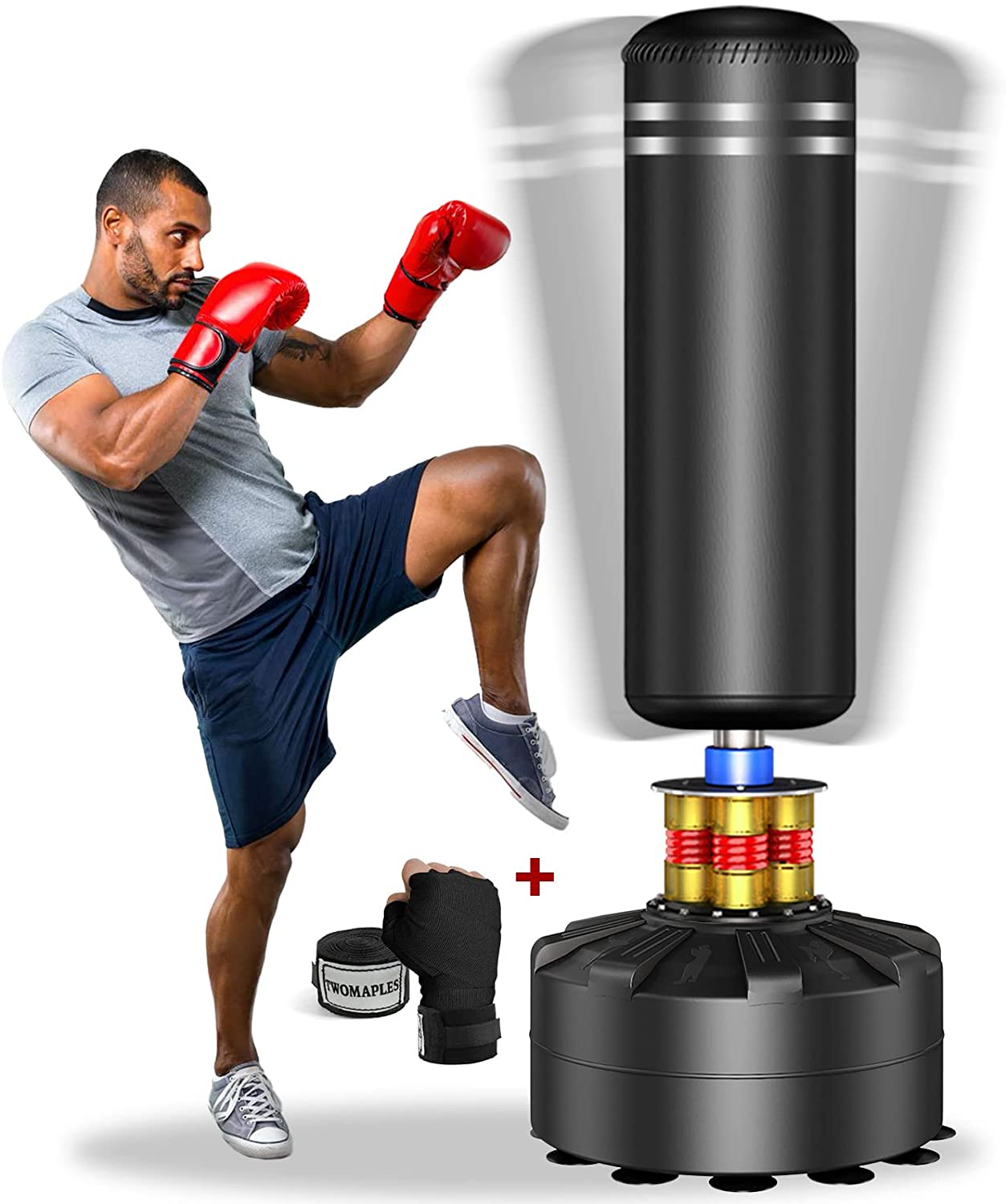 Freestanding Punching Bag, 70"-205lbs Standing Boxing Bag with Hand Wraps & Training Foam Sleeve, Men Kickboxing MMA Punch Bag with Strong Suction Cup Base for Adult Kids, Boxing Set for Home Gym