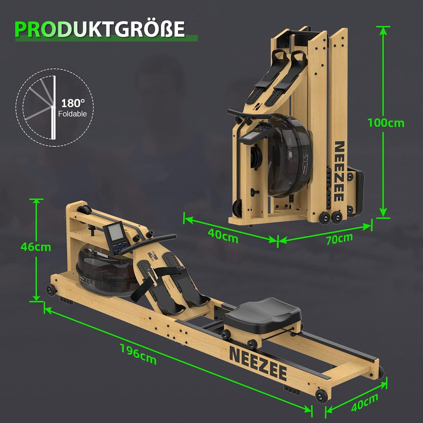 Neezee Rudergerät, Rudergerät für Zuhause Klappbar, Echtholz Rudergerät Wasser mit Verstellbarer Fußstütze und Wasserwiderstand LCD-Display Radernmaschine